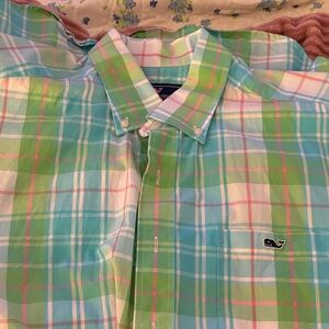 Vineyard Vines Men's Blue and Green Plaid Shirt